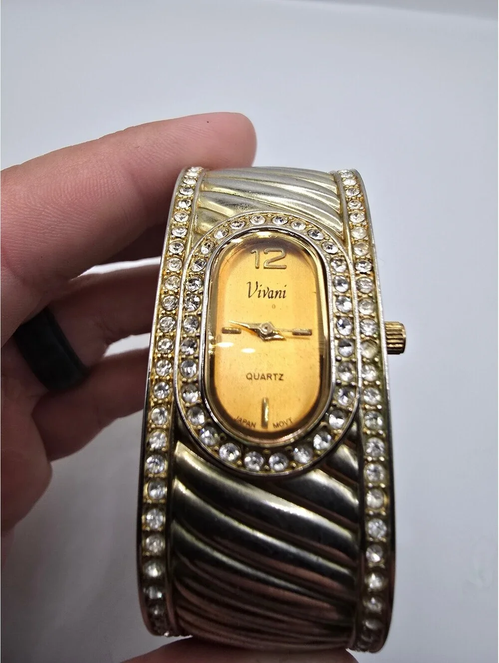 Vivani Women’s Quartz Analog Rectangle Cuff Bracelet Watch Gold Tone Rhinestone